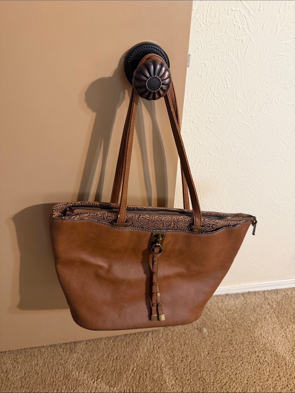 Everyday Tan Faux-Leather Tote with Tassel Accent